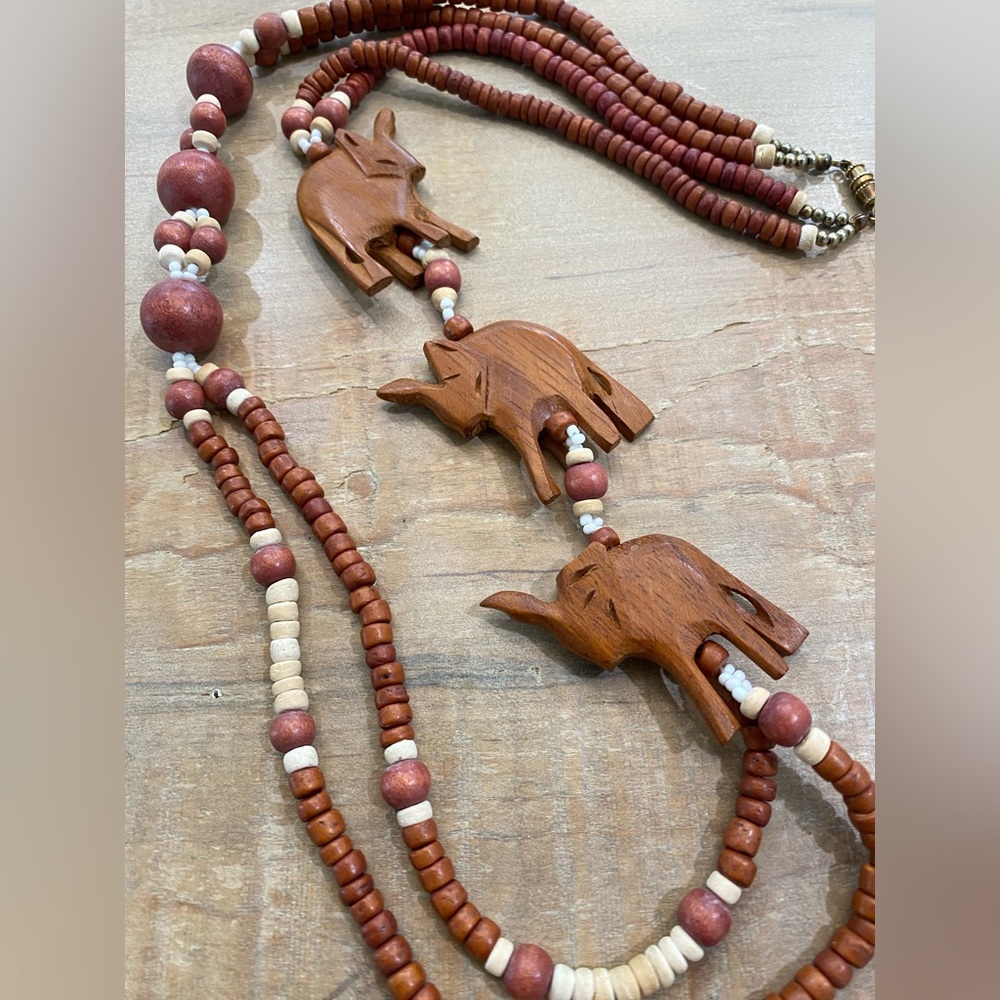Wood carved layered animal necklace vintage antique